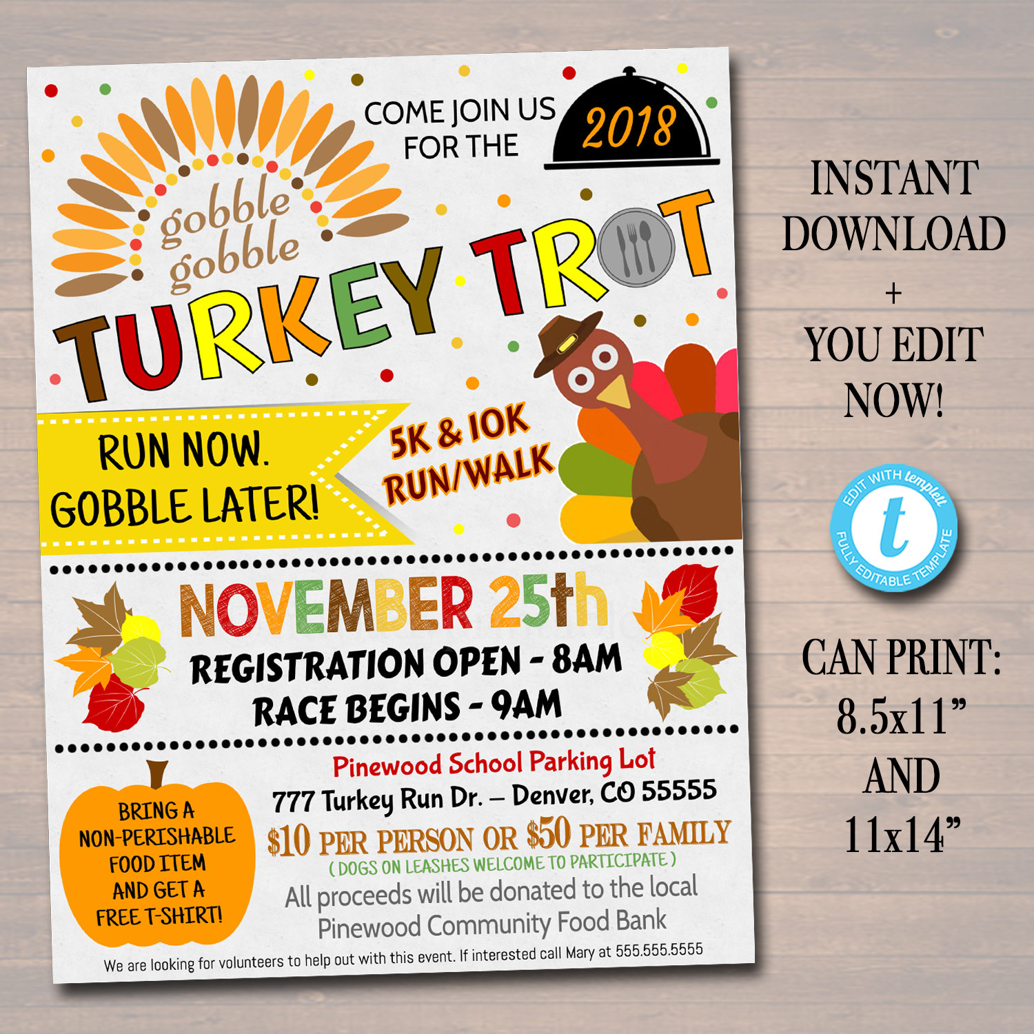 turkey trot flyer: thanksgiving 5k/10k race invitation (editable