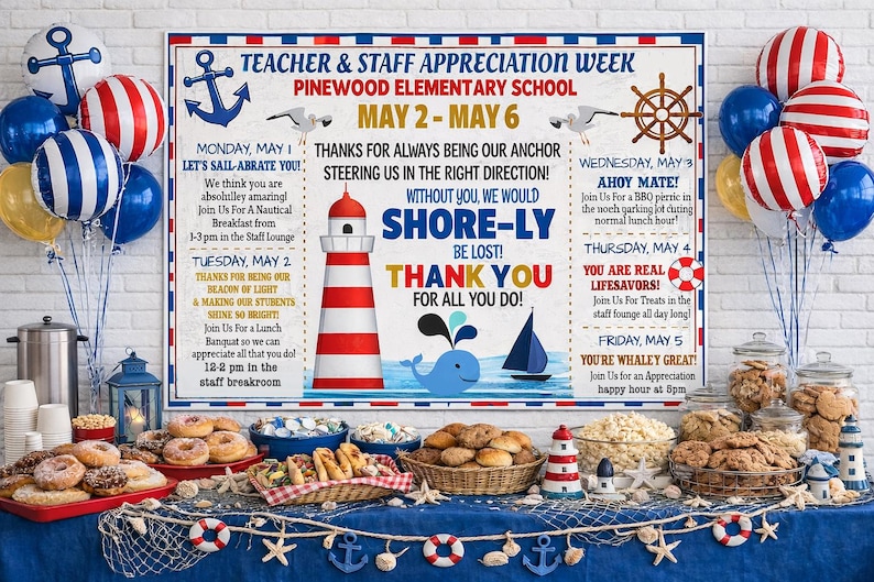 Nautical Themed Teacher Appreciation Week Itinerary Poster Printable ...
