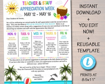 May include: A printable teacher appreciation week schedule with a beach theme. The schedule includes daily themes like "Beachy Breakfast", "Stylish Tuesday", "Waterworks Wednesday", "Sunsational Thursday", and "Fishy Friday". The schedule is designed to be printed at 8.5x11 inches.