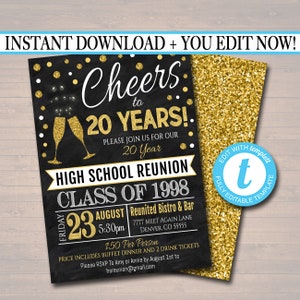Editable Class Reunion Invitation Template: Faux Chalkboard, Party Lights (Instant Download)
