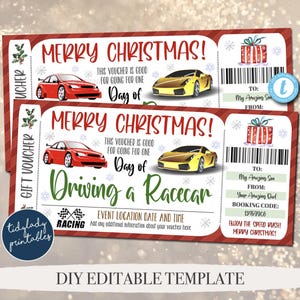 May include: A printable Christmas gift voucher template with a red and green color scheme. The voucher is for a day of driving a racecar. The voucher has a booking code, a space for the recipient's name, and a space for the giver's name. The voucher also has a space for the event location, date, and time.