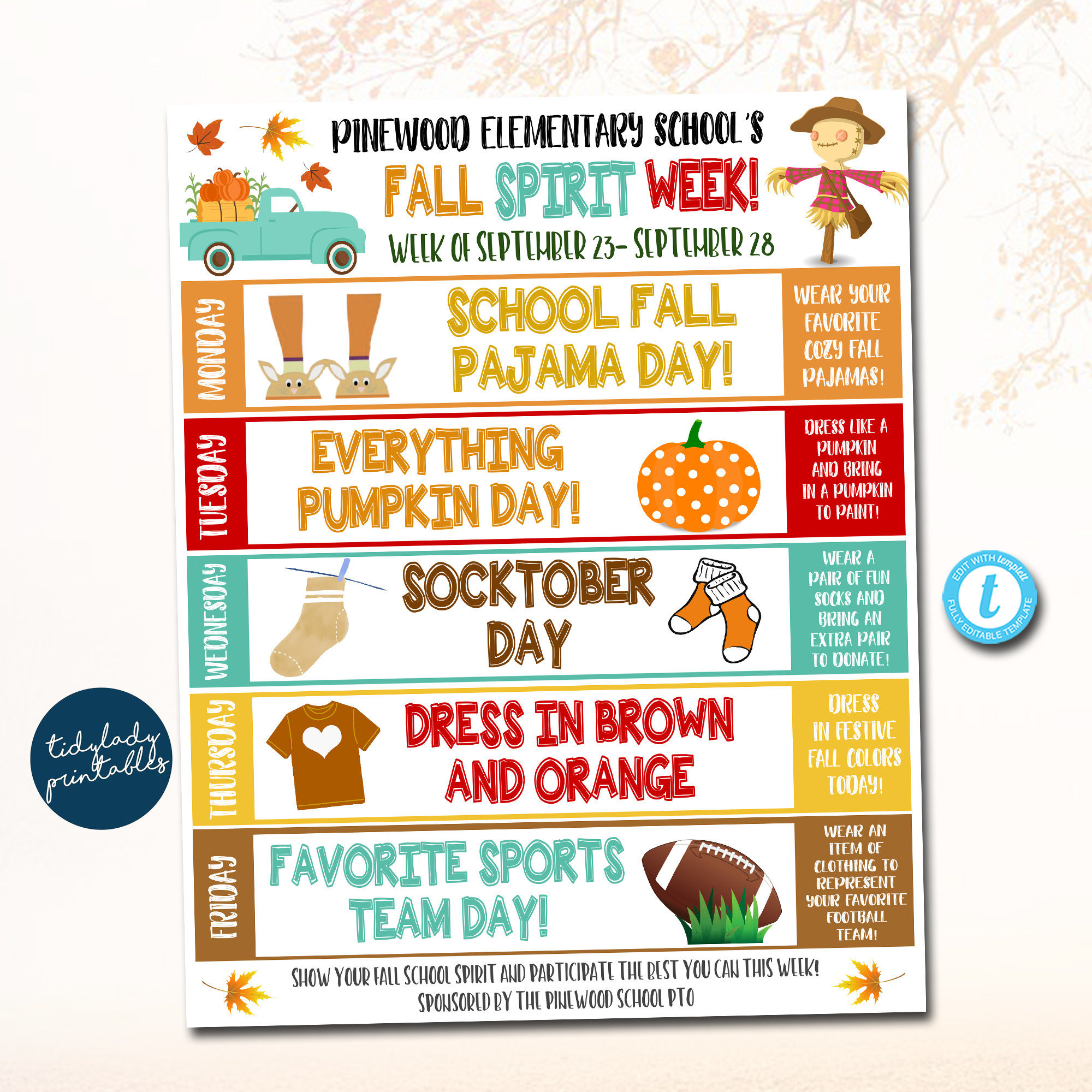 Fall Spirit Week Itinerary: Elementary School Calendar (Editable Template)
