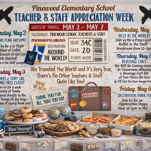 Puede incluir: Una exhibición festiva para la Semana de Apreciación de Maestros y Personal, con temática de viajes. Incluye donas, pizza y un carrito de bebidas. También hay globos y un letrero que dice "Bon Voyage!"