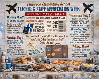 Travel Map Theme Teacher Appreciation Week Itinerary Poster Printable, Staff Employee Thank You, World Airplane Theme, Editable Template