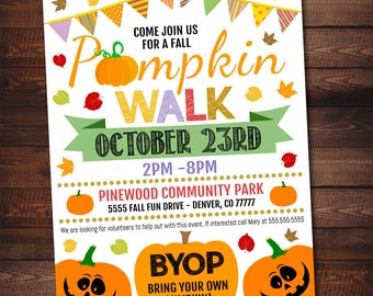 Könnte beinhalten: Ein bunter Flyer für einen Kürbis-Spaziergang am 23. Oktober von 14:00 bis 20:00 Uhr im Pinewood Community Park. Der Flyer zeigt einen Kürbis mit einem Jack-o'-Lantern-Gesicht und den Text "BYOP - Bring Your Own Pumpkin!"
