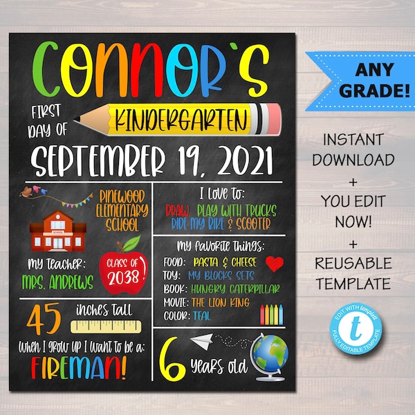 First Day of School Printable Back to School Sign, Boy Child Stats Details Keepsake Photo, Back to School Digital File, EDITABLE TEMPLATE