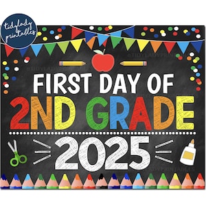Primer día de segundo grado 2025, cartel de regreso a clases imprimible, confeti de colores primarios para niños, descarga instantánea digital de segundo grado