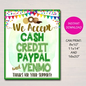 Wij accepteren betalingen ondertekenen contant, krediet PayPal Venmo, fondsenwervingsstand, bakverkoop, cookiecabine afdrukbaar, cookiebanner, cookiecabineposter