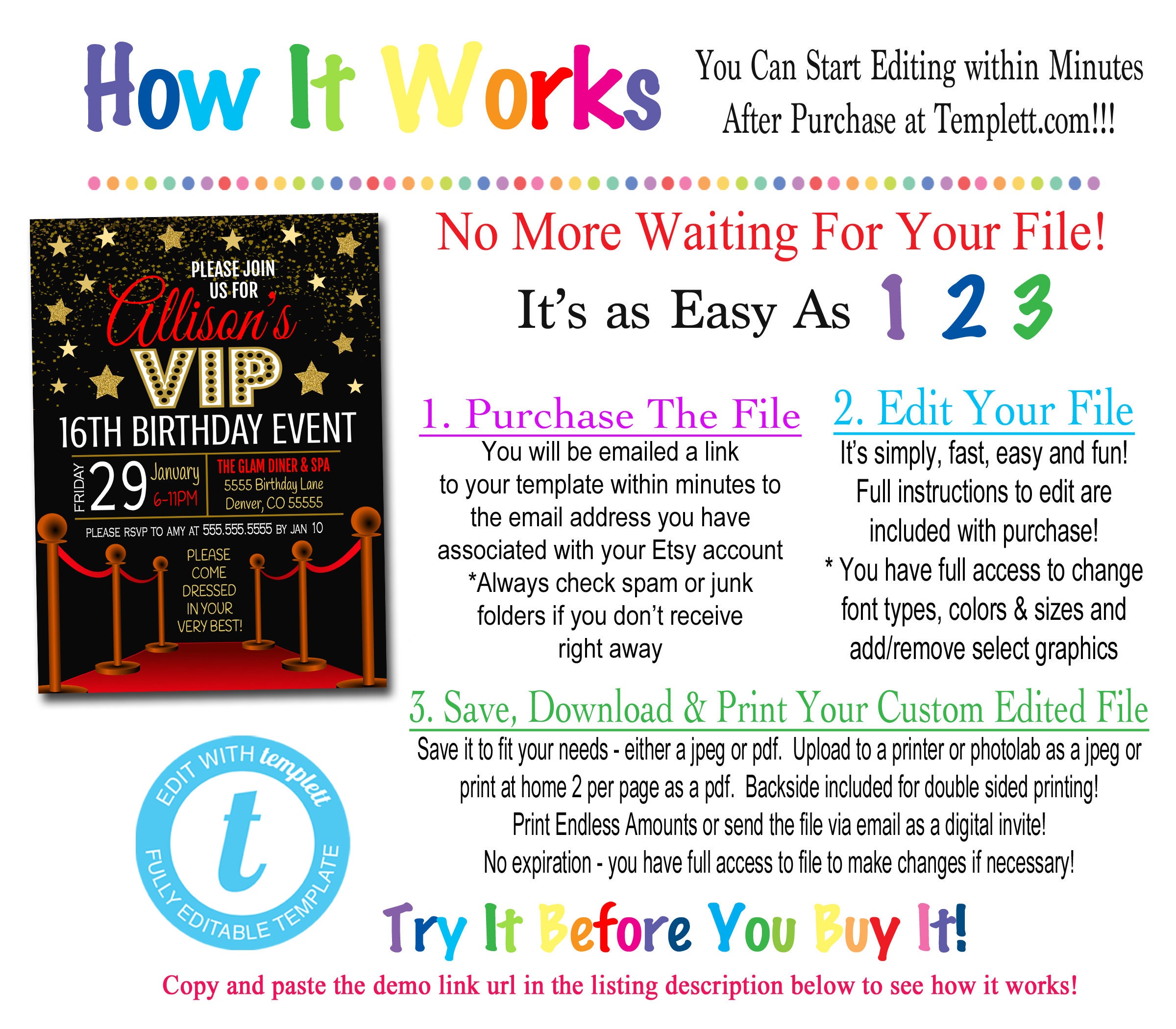 Editable Red Carpet Birthday Invitation: Hollywood VIP Movie Party ...