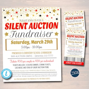 Silent Auction Flyer Ticket Set, Fundraiser Event, School Pto Pta Fundraising, Church Nonprofit Charity, Black Tie Gala, EDITABLE TEMPLATE