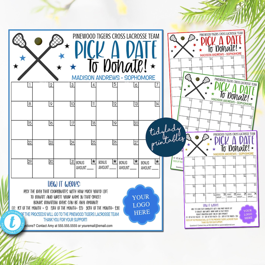 EDITABLE Lacrosse Pick a Date to Donate Printable, Lacrosse Fundraiser
