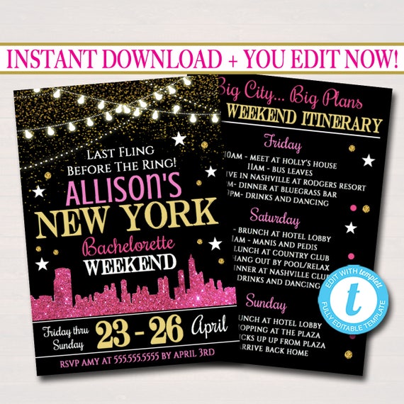 EDITABLE New York City Bachelorette Party Invitation Glitter Any Color, Party Invite City Skyline, Girls Weekend Itinerary INSTANT DOWNLOAD Il_570xn