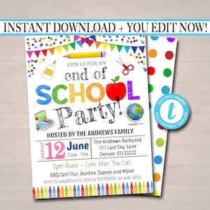 EDITABLE End of School Party Invitation, Printable Digital Invite, Back to School Party, Backyard bbq Party, Teacher Classroom Party Bash