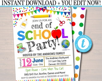 EDITABLE End of School Party Invitation, Printable Digital Invite, Back to School Party, Backyard bbq Party, Teacher Classroom Party Bash