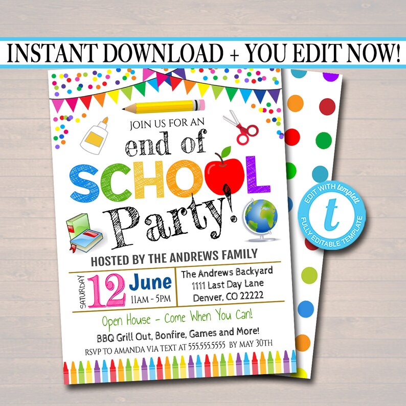 Teacher Classroom Party Bash Printable Digital Invite Backyard bbq Party Back to School Party EDITABLE End of School Party Invitation