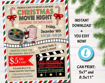 編集可能なクリスマス映画鑑賞会チラシ：学校PTA・PTOイベント（デジタルダウンロード）