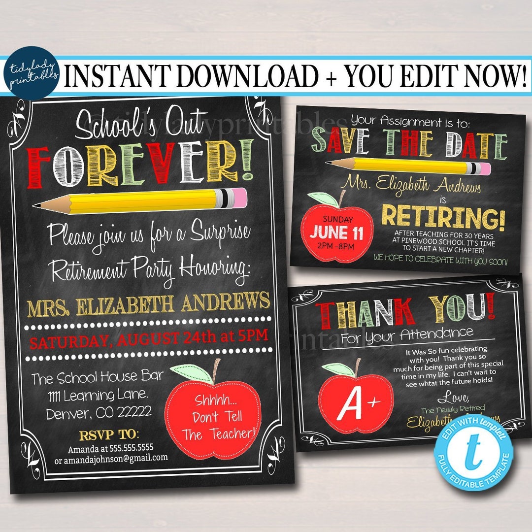 Teacher Retirement Invitation Chalkboard Printable Teacher Invite ...