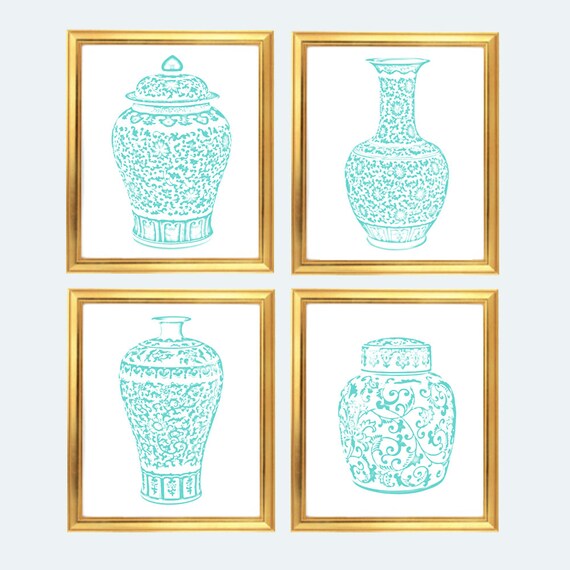 Turquoise Ginger Jar Digital Art Prints, INSTANT DOWNLOAD, Teal and White Chinoiserie Vases, Aqua Palm Beach Chic, Set of 4 Il_570xn