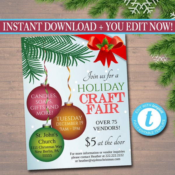 Christmas shopping Invite, holiday Craft Fair show Flyer, Boutique Christmas Market, Community Holiday Event Church School Fundraiser Flyer