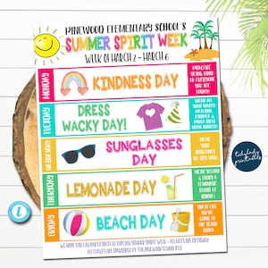 Summer School Spirit Week Itinerary Schedule, Daily Weekly Calendar, School Pto Pta, Elementary Kids Summer June Planner, Editable Template
