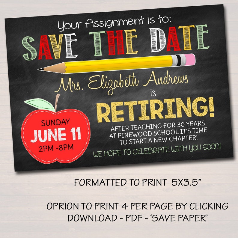 Teacher Retirement Invitation Chalkboard Printable Teacher - Etsy