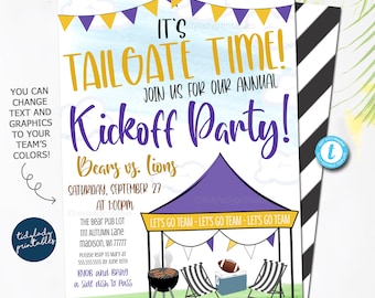 May include: Purple and gold football tailgate party invitation with a cartoon illustration of a tent, grill, and chairs. The text reads "It's Tailgate Time! Join us for our annual Kickoff Party! Bears vs. Lions Saturday, September 27 at 1:00PM The Bear Pub Lot 1111 Autumn Lane Madison, WI 77777 Please RSVP to Mary at 555.555.5555 by June 10th BYOB and Bring a side dish to Pass Let's Go Team - Let's Go Team - Let's Go Team"