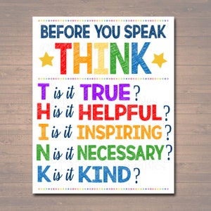 PRINTABLE Think Before You Speak Sign, INSTANT DOWNLOAD, Printable Classroom Decor, Motivational Poster, Counselor Art, Teacher Printables