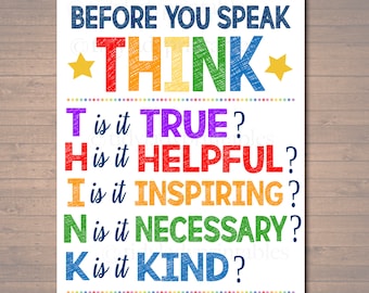 Think Before You Speak Sign: Classroom Motivational Poster (Digital Download)