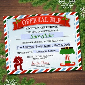 Certificado de adopción de elfos EDITABLE, Notas de cartas de elfos del elfo, Boleta de calificaciones de elfos, Actividad de los elfos Santa Polo Norte imprimible DESCARGA INSTANTÁNEA