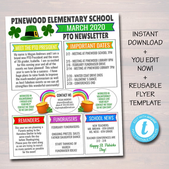 March PTO PTA Newsletter Flyer, St. Patricks Day Printable Handout, School Year Calendar, Meeting Agenda Spring Organizer EDITABLE Template Il_570xn