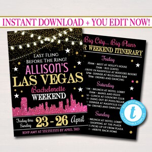EDITABLE Las Vegas City Bachelorette Party Invitation, Glitter Any Color Party Invite City Skyline, Girls Weekend Itinerary INSTANT DOWNLOAD