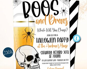 May include: A Halloween party invitation with a black and white striped background. The invitation features a glass of beer with a spider hanging from it and a skull with a spider on it. The text on the invitation reads "Boo's and Brews - Which Will You Choose? Join us for a Halloween Party at the Andrew's House. Saturday, October 30th at 7:00pm. 1111 Late Summer Lane - Madison, WI 77777. Please RSVP to Mary at 555.555.5555 by August 10th. Bring a dish to pass! Costumes Required!"