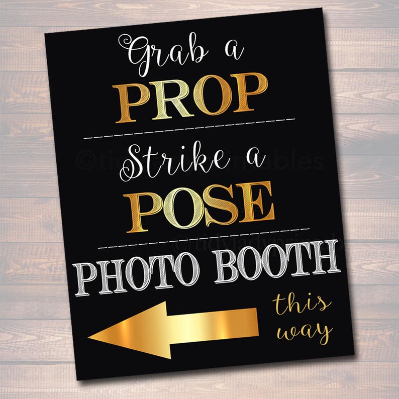 Photo Booth Signs Black and Gold Party Decor, Wedding Party Sign, Grab a Prop & Strike a Pose, Graduation Party, Printable, INSTANT DOWNLOAD image 3