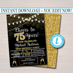 EDITABLE 75th Party Invitation, Birthday Printable Cheers to Seventy Five Years, Digital 75th Wedding Anniversary Invite, Black & Gold Party