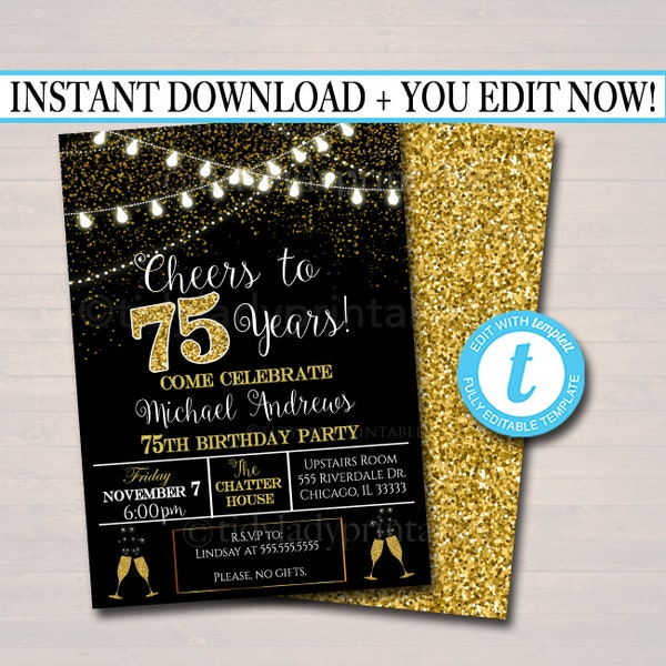 EDITABLE 75th Party Invitation, Birthday Printable Cheers to Seventy Five Years, Digital 75th Wedding Anniversary Invite, Black & Gold Party