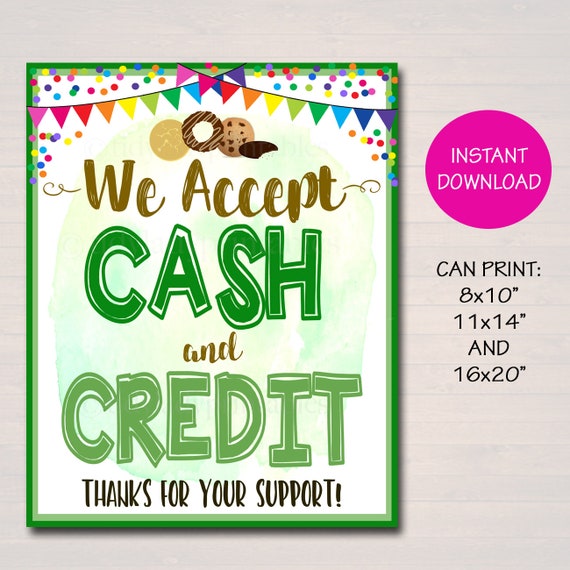 We Accept Payments Sign Cash and Credit, Fundraising Booth, Bake Sale, Cookie Booth Printable Scouts Cookie Banner, Cookie Booth Poster Il_570xn