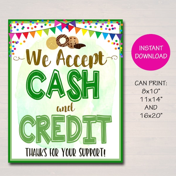 We Accept Payments Sign Cash and Credit, Fundraising Booth, Bake Sale, Cookie Booth Printable Scouts Cookie Banner, Cookie Booth Poster