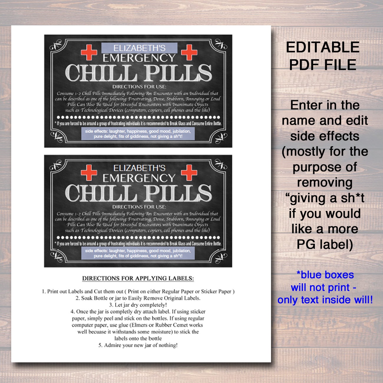 EDITABLE Chill Pills Label Funny Gag Gift Professional Office Etsy