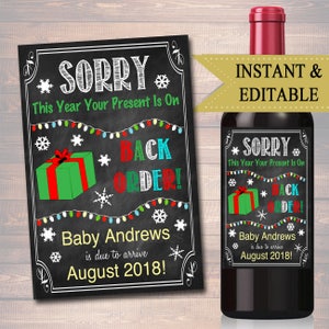Annuncio di gravidanza di Natale regalo di vino, il tuo regalo è in ordine arretrato, divertente etichetta stampabile rivelazione di gravidanza festiva, Natale EDITABLE