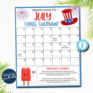 EDITABLE July Events Calendar, Summer PTO PTA Printable Handout, School Year Fundraiser Event Volunteer, Seasonal Organizer Template