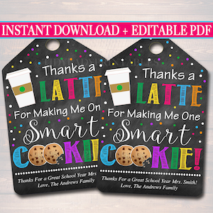 Étiquettes-cadeaux de biscuits au café MODIFIABLES, cadeau de la semaine d'appréciation des enseignants du personnel, merci un café au lait pour m'avoir fait une étiquette de biscuit intelligente, TÉLÉCHARGEMENT INSTANTANÉ