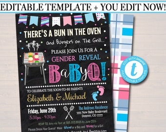 Baby-Q Gender Reveal Einladung: Grill-Picknick-Thema (Digitaler Download)