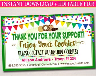Tarjeta de agradecimiento editable por la venta de galletas Scout (descarga instantánea)