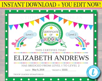 EDITABLE Bridging Certificate - ANY LEVEL! Bridging Ceremony Event Invite, Scout Troop Leader Printable Forms, Instant Download Certificate