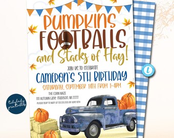 May include: A blue and white gingham background with a white invitation card. The invitation card features a blue pickup truck with pumpkins and a football in the bed. The text on the card reads "Pumpkins, Footballs and Stacks of Hay! Join us to celebrate Cameron's 5th Birthday, Saturday, September 14th from 1-4pm. The Corn Maze, 1111 Autumn Lane, Madison, WI 77777. Please RSVP to Mary at 555.555.5555 by June 10th."