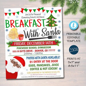 Volantino Colazione con Babbo Natale, Pancake con Babbo Natale Invito Festa di Natale per bambini Volantino stampabile per raccolta fondi per le vacanze comunitarie scolastiche MODIFICABILE