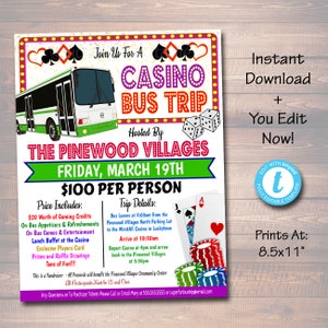 Casinobusreisflyer, school pto pta kerkfondsinzamelingsevenement, dagtocht voor verpleeghuisbewoners, casinokaarten feestuitnodiging INSTANT DOWNLOAD