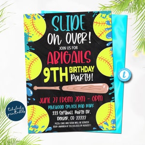 May include: A black and white chalkboard style invitation with blue and yellow paint splatters. The invitation is for Abigail's 9th birthday party. The text reads "Slide on over!" and "Join us for Abigail's 9th Birthday Party!" The invitation includes the date, time, location, and RSVP information.