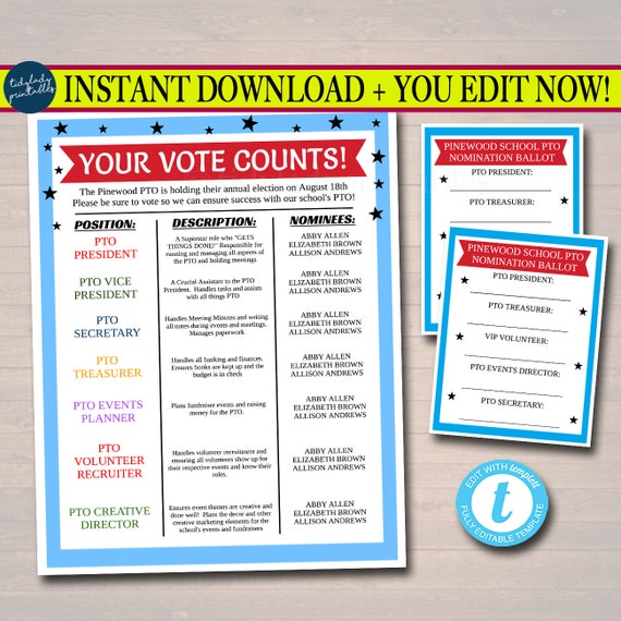 Editable Pto Pta Voting Election Flyer And Ballot Sheets Printable School Fundraiser Why Volunteer Template Newsletter Instant Download By Tidylady Printables Catch My Party