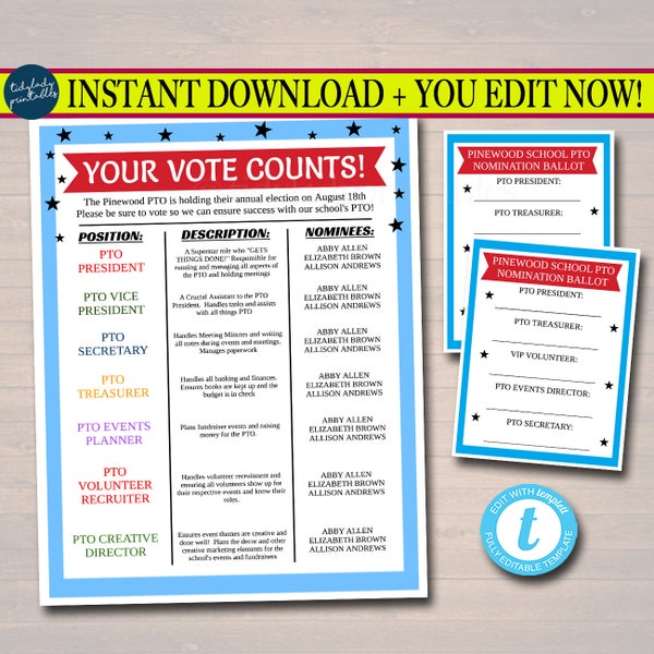 EDITABLE PTO PTA Voting Election Flyer and Ballot Sheets, Printable School Fundraiser, Why Volunteer Template, Newsletter, Instant Download